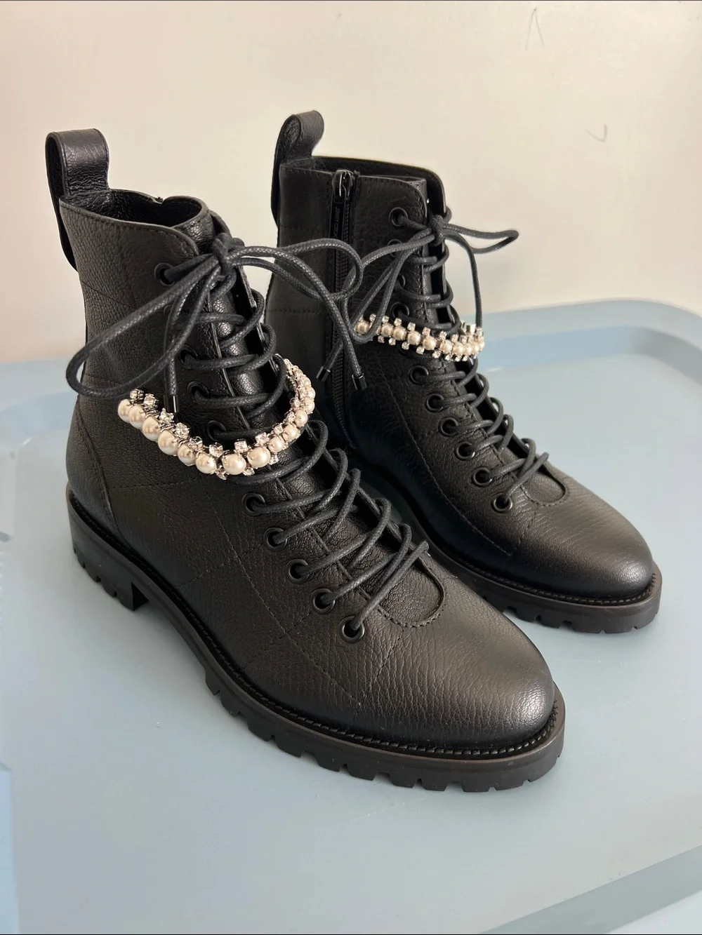 Jimmy Choo cruz crystal faux pearl embellished strap lace-up black leather boots